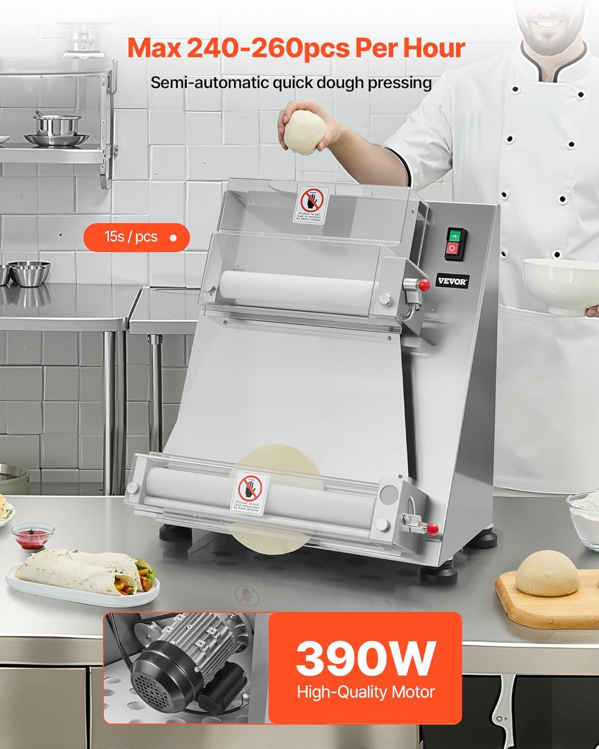 VEVOR elektrische Pizzateigpresse 355,6 mm Gebäck-Pressplatte, Brotpresse 390 W aus Edelstahl, kommerzieller Chapati Presse, Formmaschine mit einstellbarer Dicke & Teigpressdeckel, 260 Stk./h