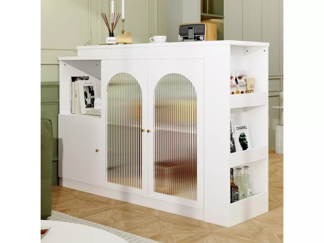 Meuble de bar pivotant - 3 portes et étagères de rangement - Bois MDF et verre - pour salle à manger ou salon - Blanc