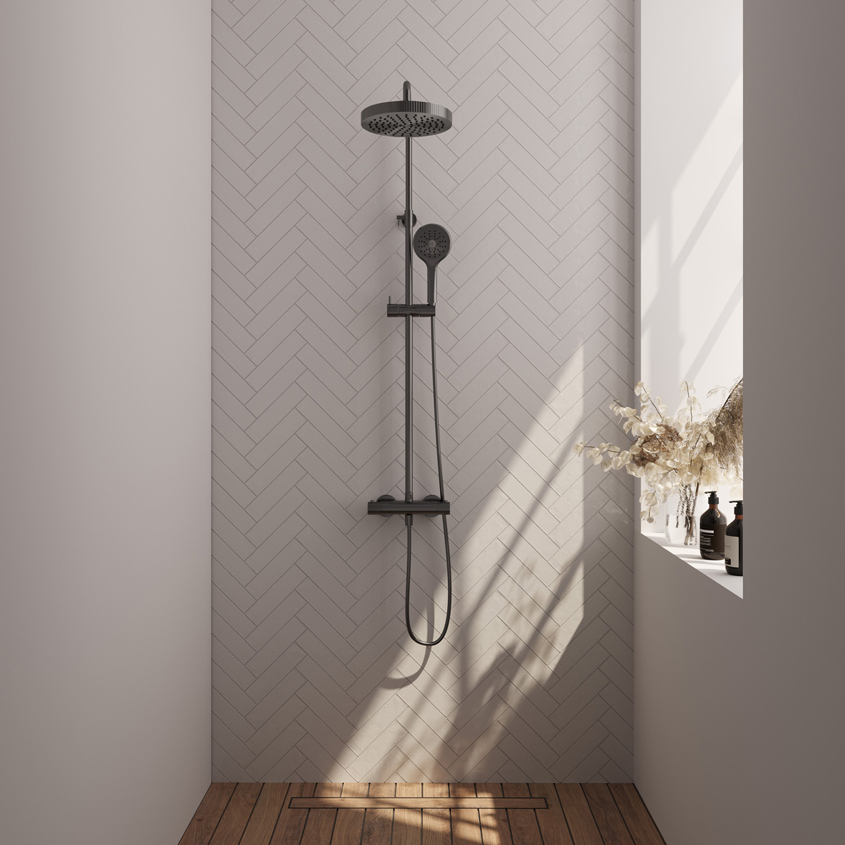 Brauer Stripe opbouw regendouche met 25cm hoofddouche en 3 standen handdouche gunmetal geborsteld PVD