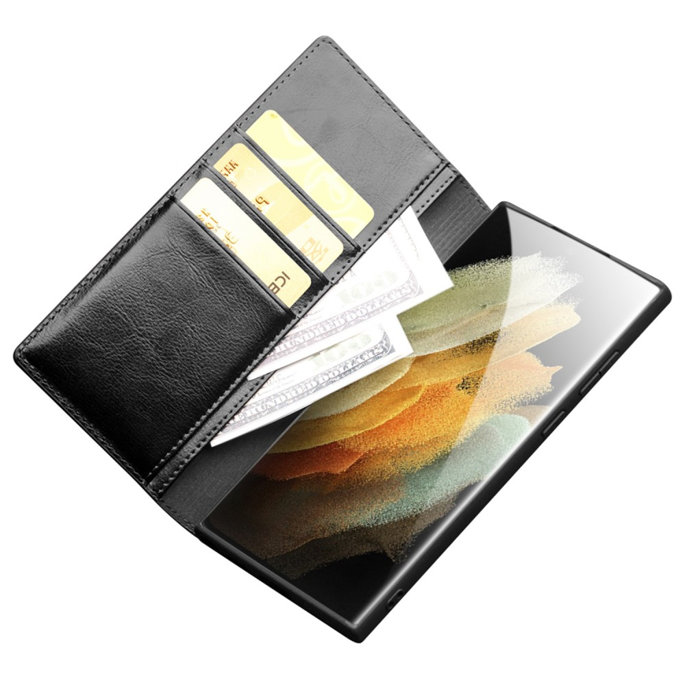 Samsung Galaxy S23 Ultra 5G Echtleder Tasche Flip Cover mit Kartenfächer - Schwarz