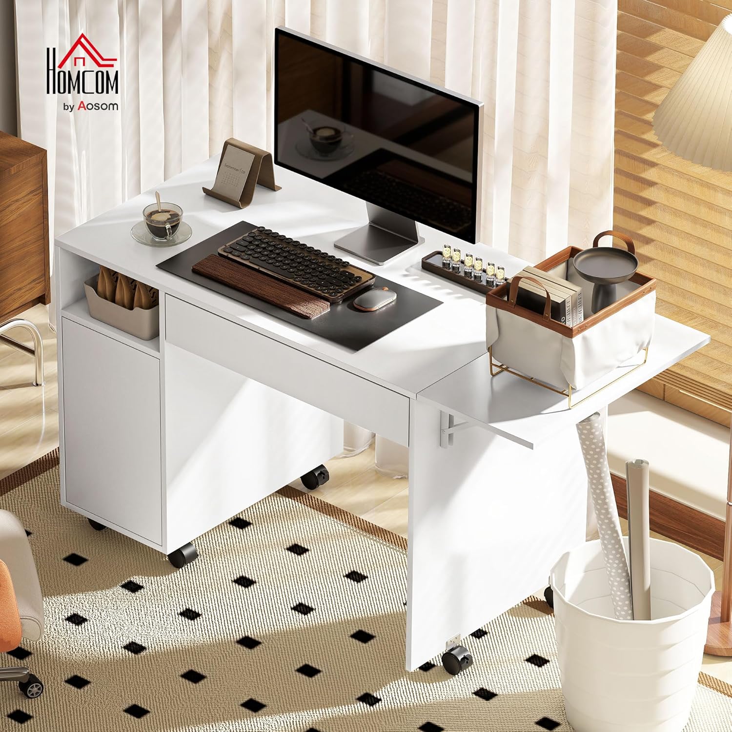 HOMCOM Schreibtisch mit Rollen, Bürotisch mit Schublade, Klappplatte und Schrank 140 x 53 x 75 cm Moderner Computertisch mit offenem Fach, Vertsellbar Regal für Büro, Wohnzimmer Weiß