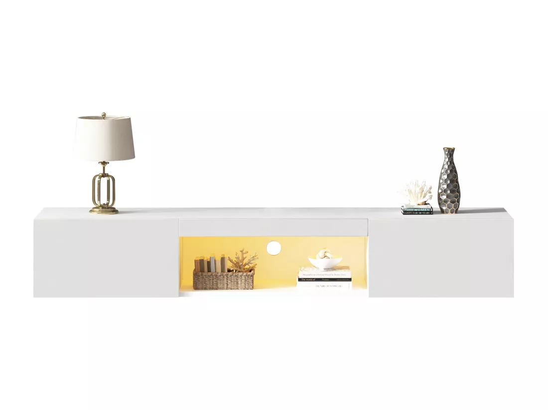 Meuble TV suspendu 160cm - 1 compartiment ouvert & 2 portes abattantes - aspect brillant - Blanc