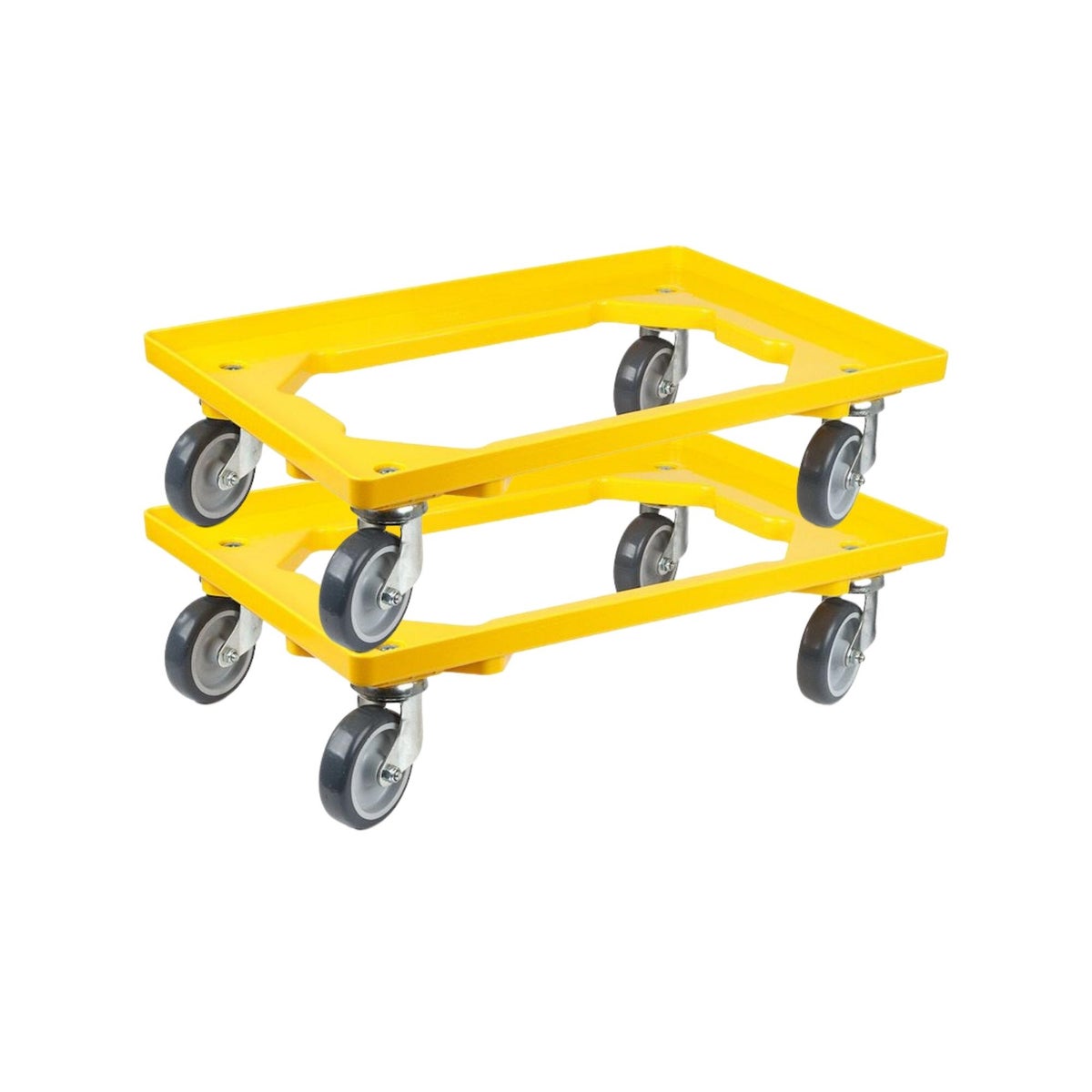 PROREGAL Voordeelset 2x Transportwagens voor Euroboxen 60 x 40 cm met Rubberen Wielen, Geel, Open Dek, 2 Zwenkwielen en 2 Bokwielen, Draagvermogen 300 kg