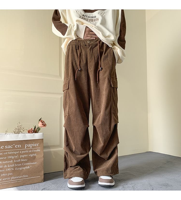 Femilina - Mid Rise Plain Corduroy Wide Leg Cargo Pants