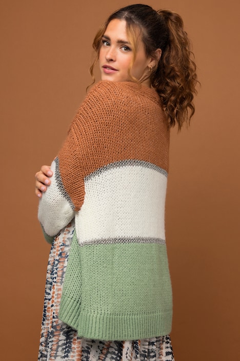 Strickjacke, Boxy Fit, Blockstreifen, V-Ausschnitt, Langarm