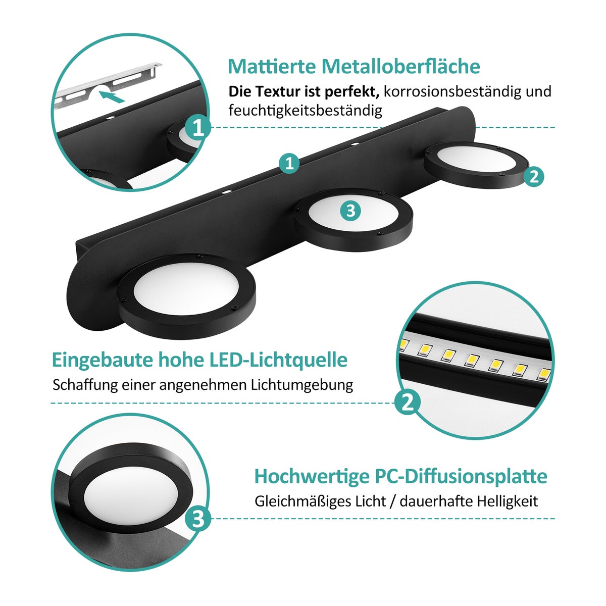 EMKE wandlamp met 3 lichtbronnen, 4000K neutraal licht, matzwart