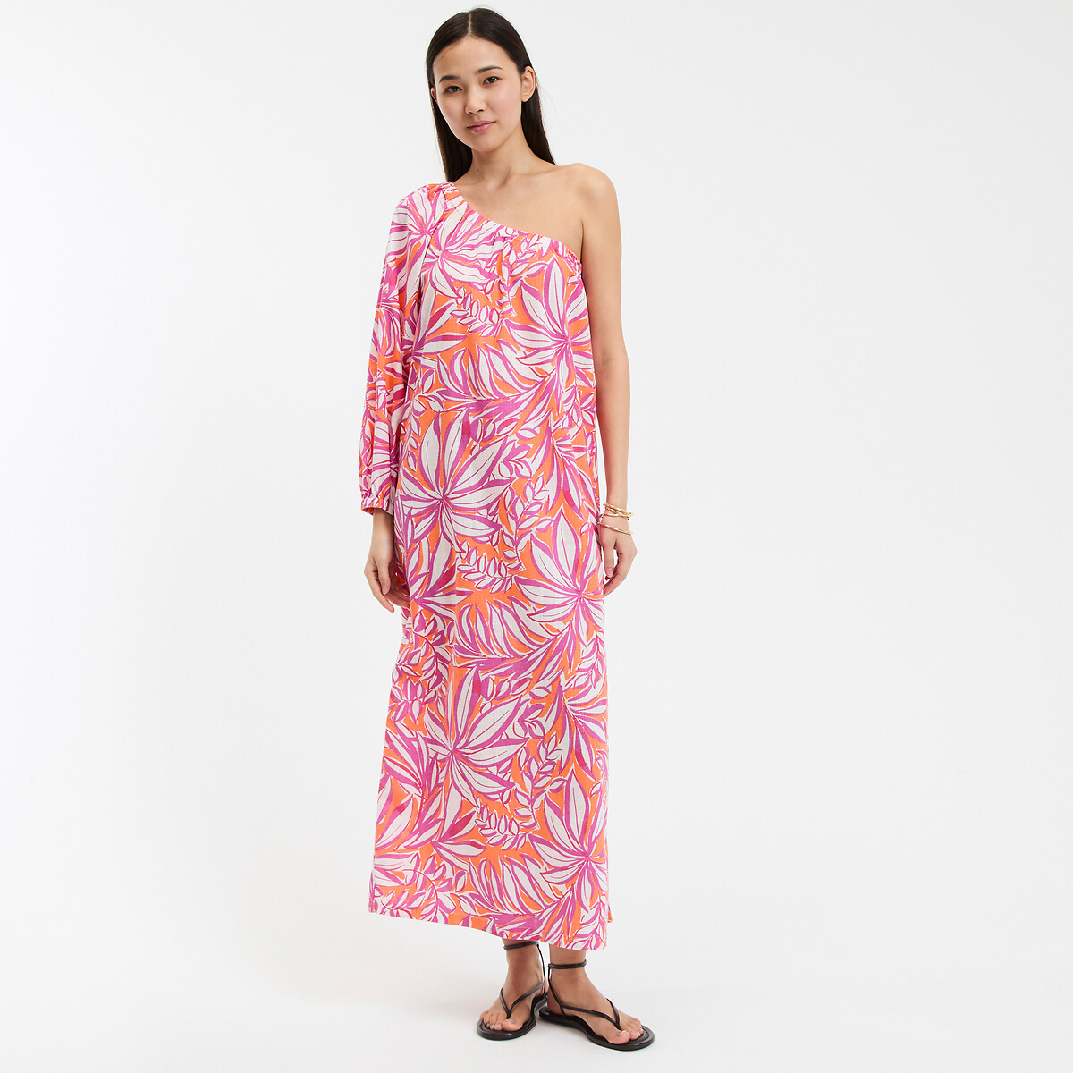 COLEÇÕES LA REDOUTE<br>Vestido longo assimétrico com mangas compridas, estampado