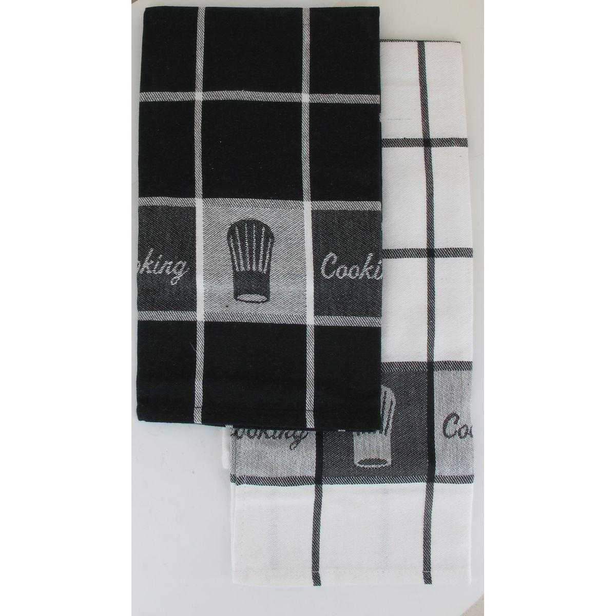 SET 2 TORCHONS COOKING 50X70CM COTON BLANC NOIR