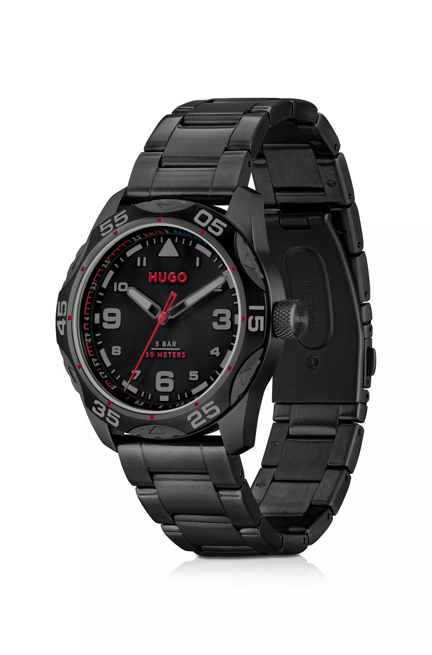 Relógio HUGO com revestimento em vermelho e preto e pulseira de elos.