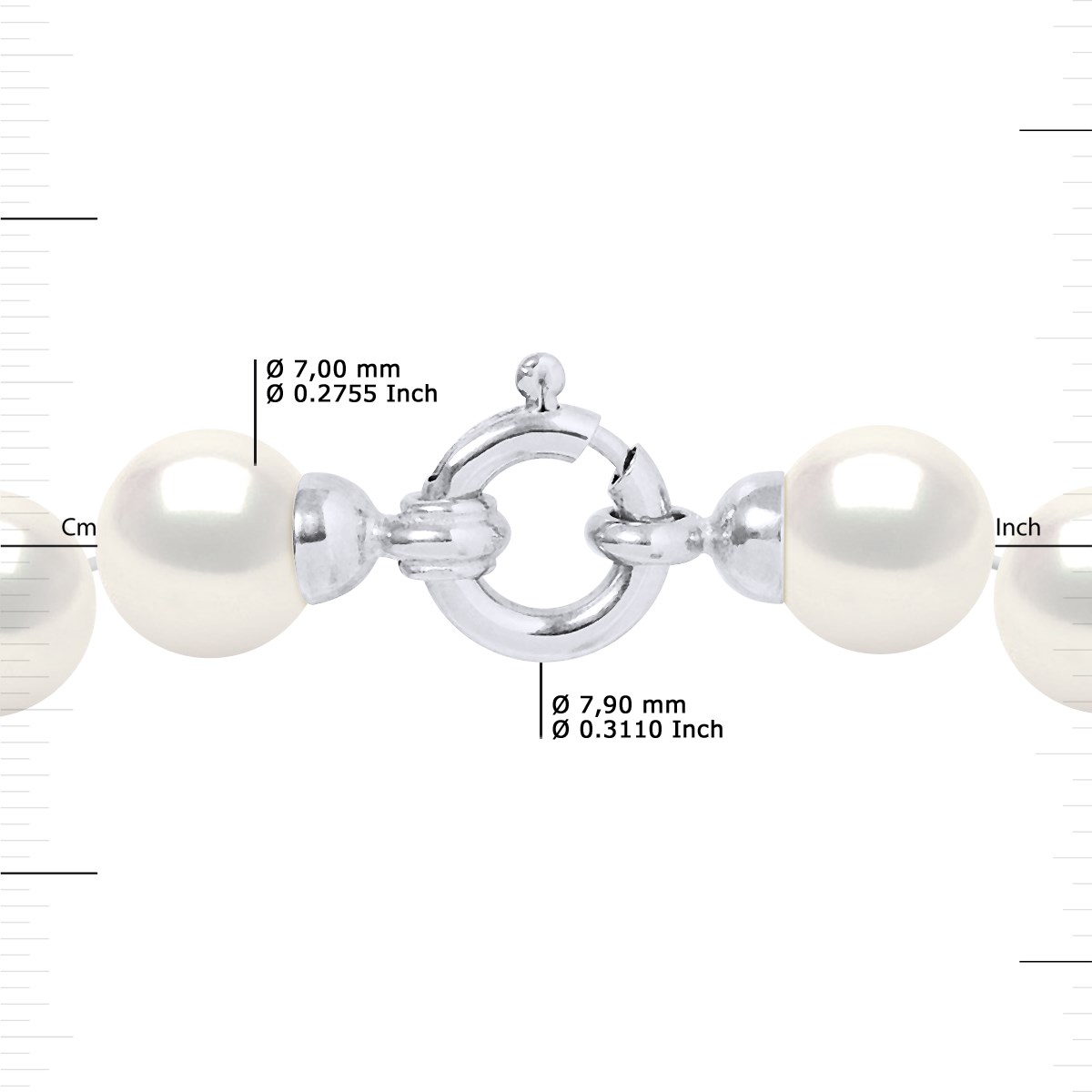 Collier Rang PRINCESSE Perles d'Eau Douce Rondes 7-8 mm Blanches Fermoir Prestige Or Blanc 18 Carats