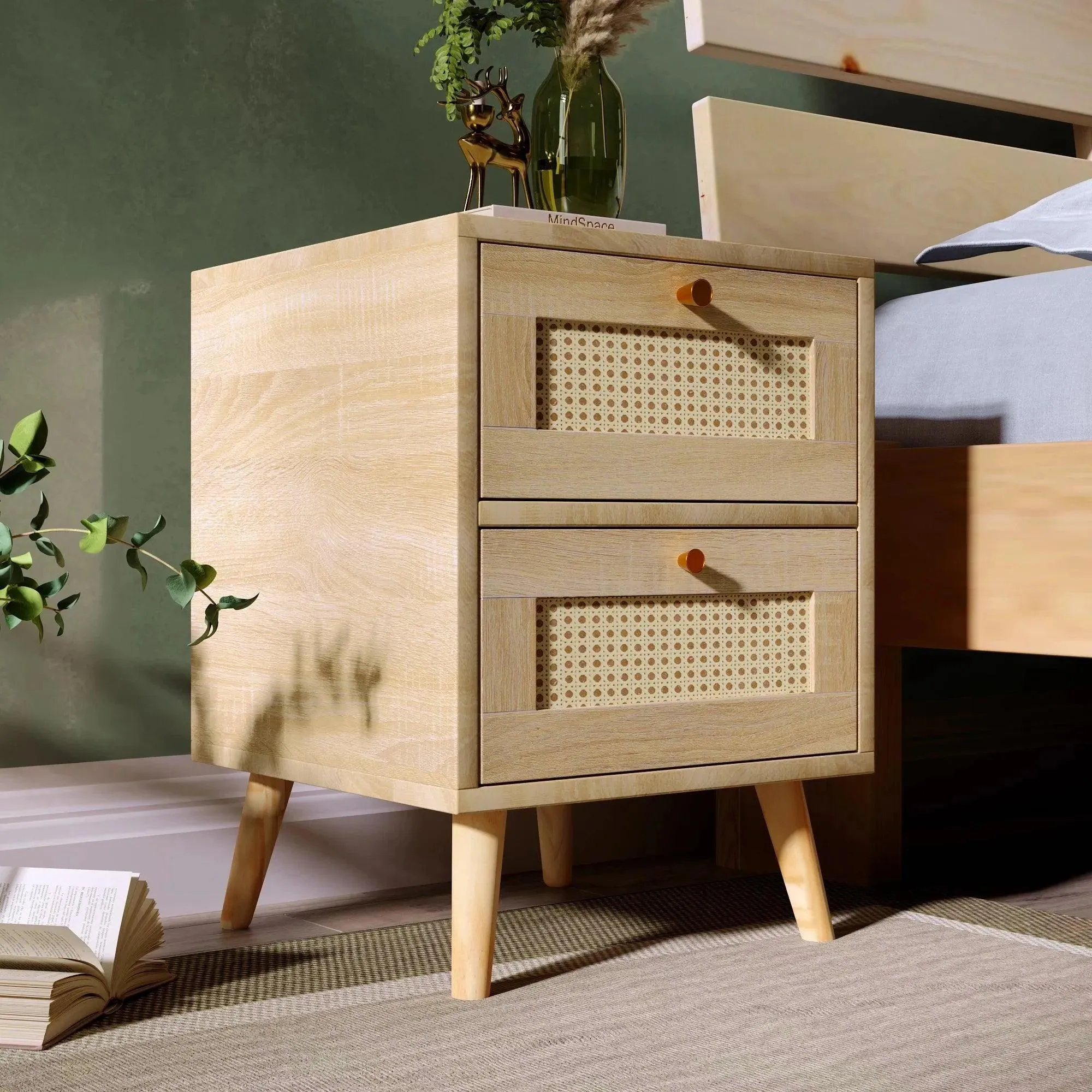 Natural Oak Rattan Night stand furniture | Wooden Sofa Bedside Table with 2 Drawers