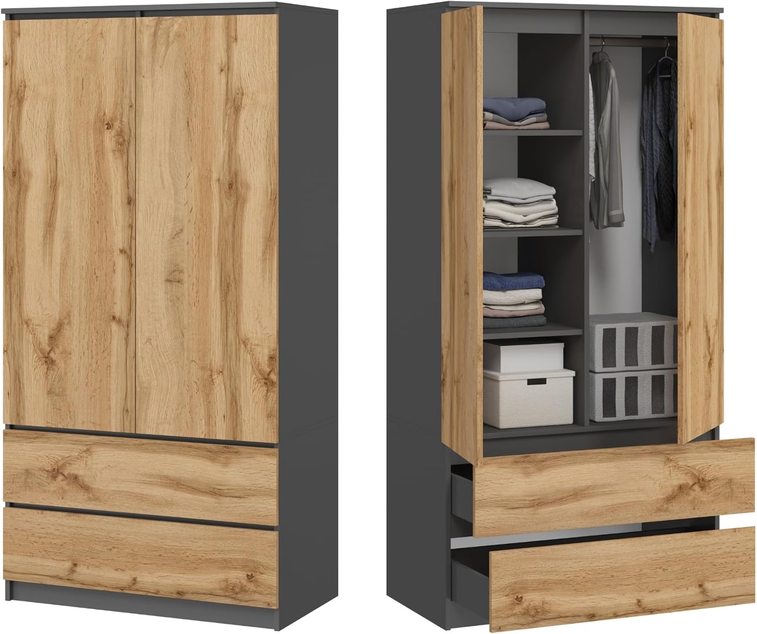 Home Collective Kleiderschrank Schrank Mehrzweckschrank Haushaltsschrank 90x50x180 cm (BxTxH) mit 2 Schubladen, 3 Einlegeböden & Kleiderstange – robust, platzsparend & vielseitig | Anthrazit/Eiche