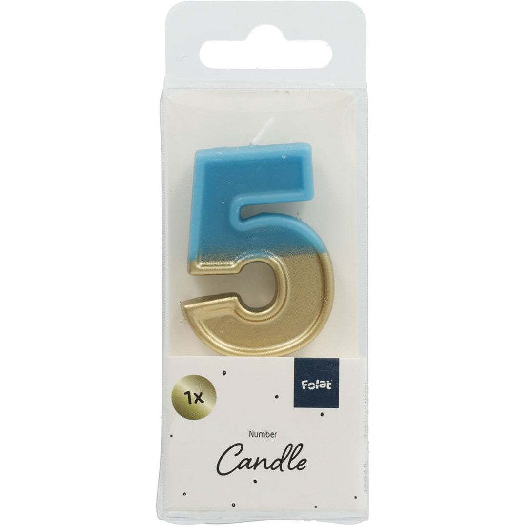 Verjaardagskaars blauw goud - 5 jaar