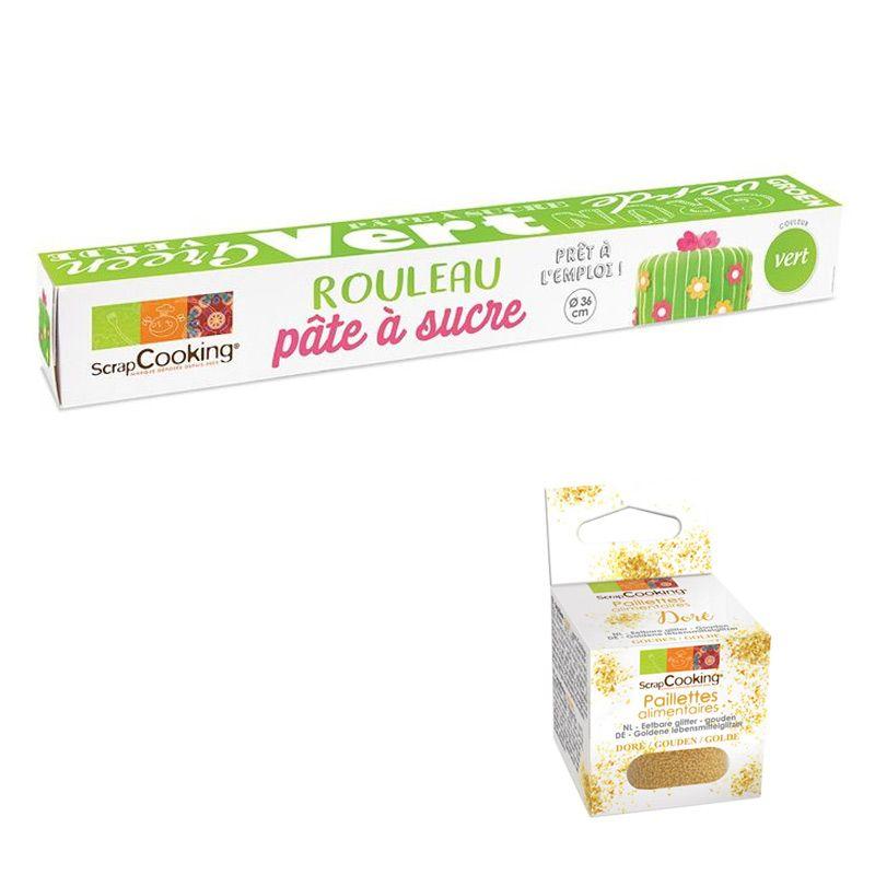 Pâte à sucre en rouleau Ø 36 cm verte + paillettes dorées Scrapcooking
