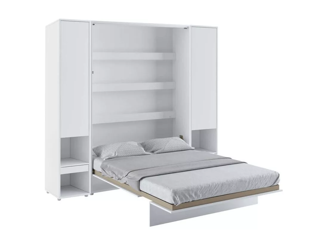 Lit escamotable vertical blanc mat avec 2 armoires de rangement Noby-Avec Led-120x200