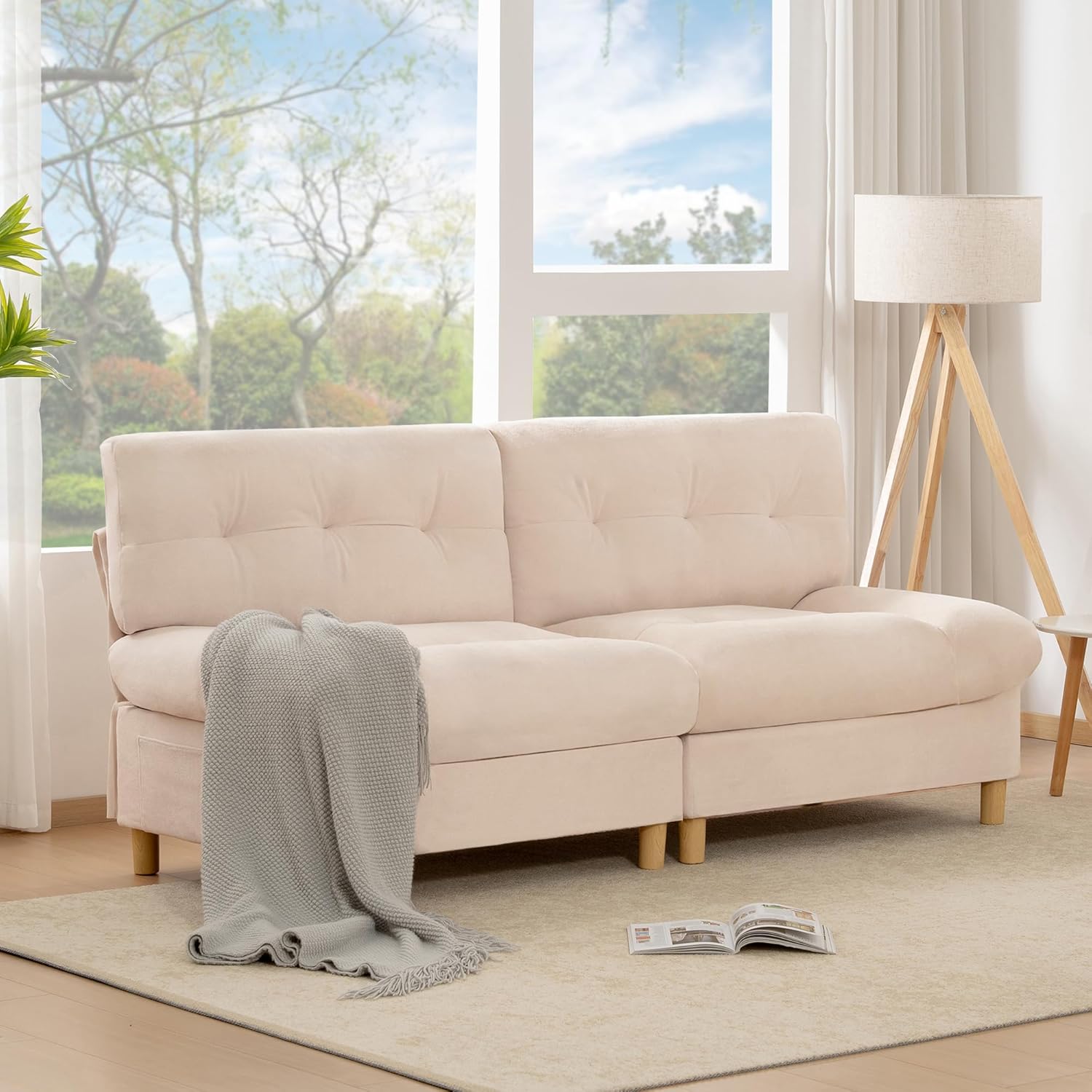 Luxuriöses Sofa in Wolkenform, 201cm Bequemes Teddy-Samtstoff Sofa mit großen Sitzkissen und Rückenlehne, Modernes Polstersofa, Getuftetes Kleine Couch für Wohnzimmer/Schlafzimmer/Büro/Wohnung, Beige