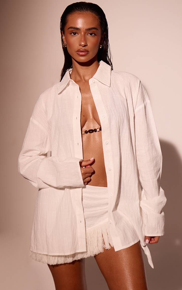 Crème Chemise De Plage À Manches Longues Effet Lin