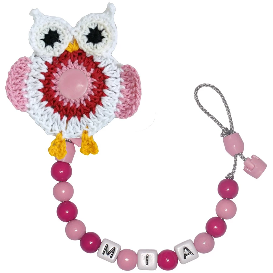 Schnullireich Schnullerkette mit Namen Häkel-Eule Rosa