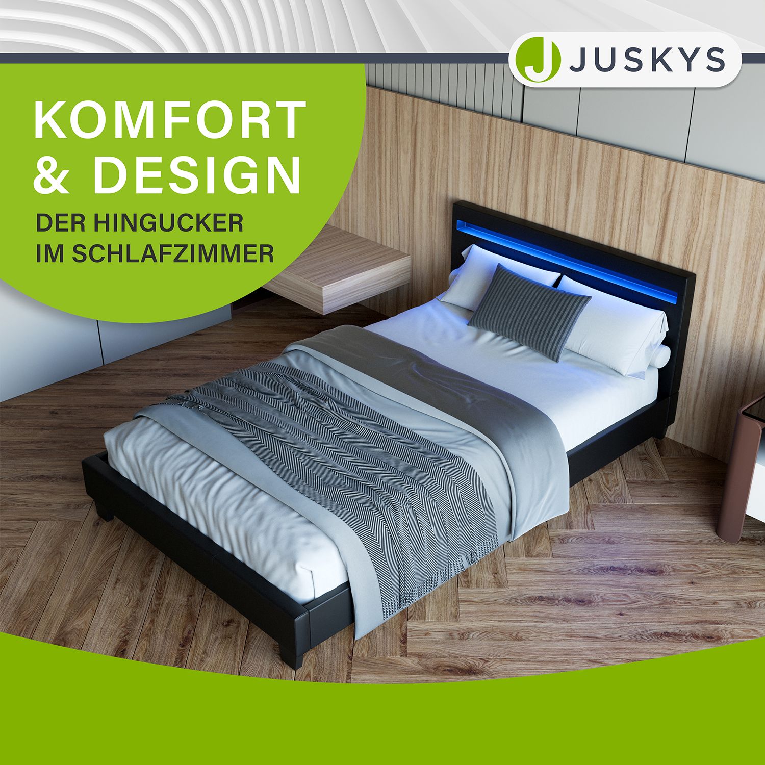Juskys Polsterbett Verona 120 x 200 cm – Bett mit LED-Beleuchtung, Lattenrost & Kopfteil Schwarz