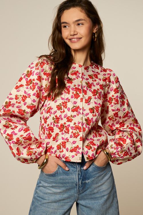 Beige jacquard bloemen top met lange mouwen