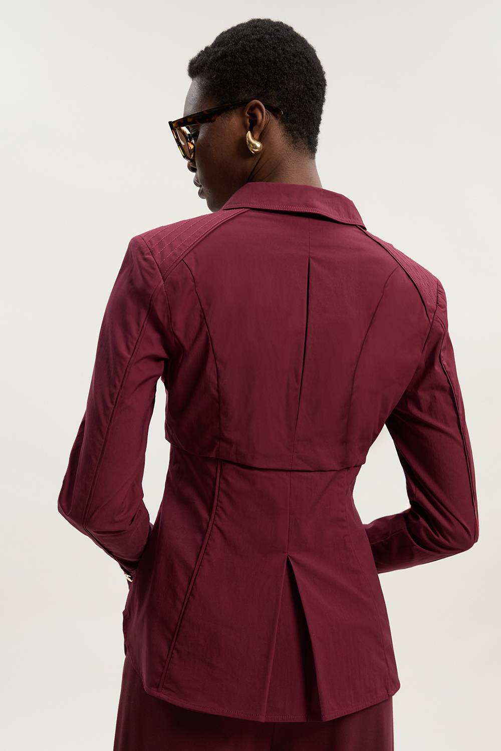 KarenMillen Chemise Manches Longues en Coton Tissé avec Détails Plissés
