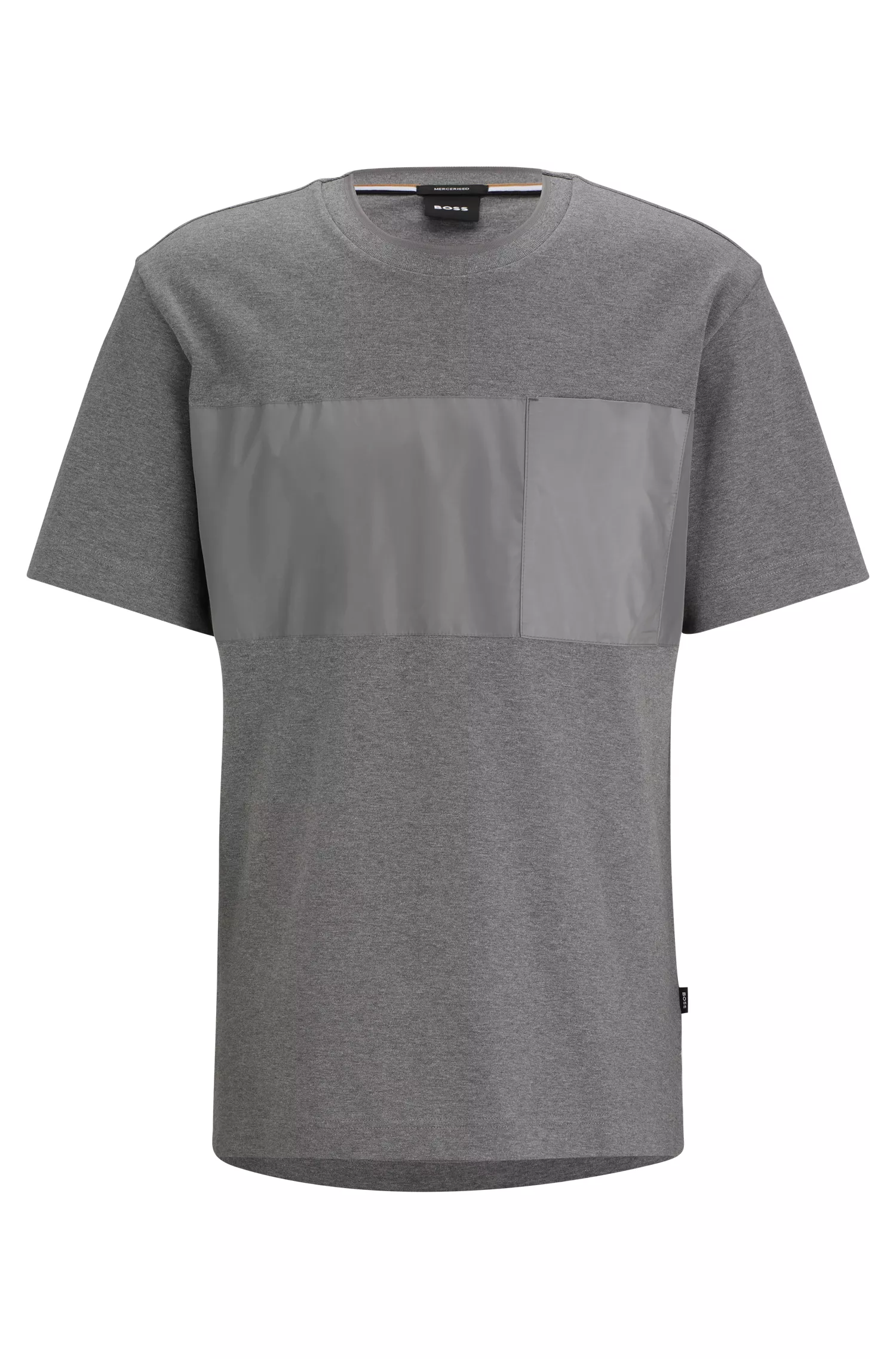 Camiseta BOSS preta de algodão mercerizado com modelagem regular e painel contrastante.