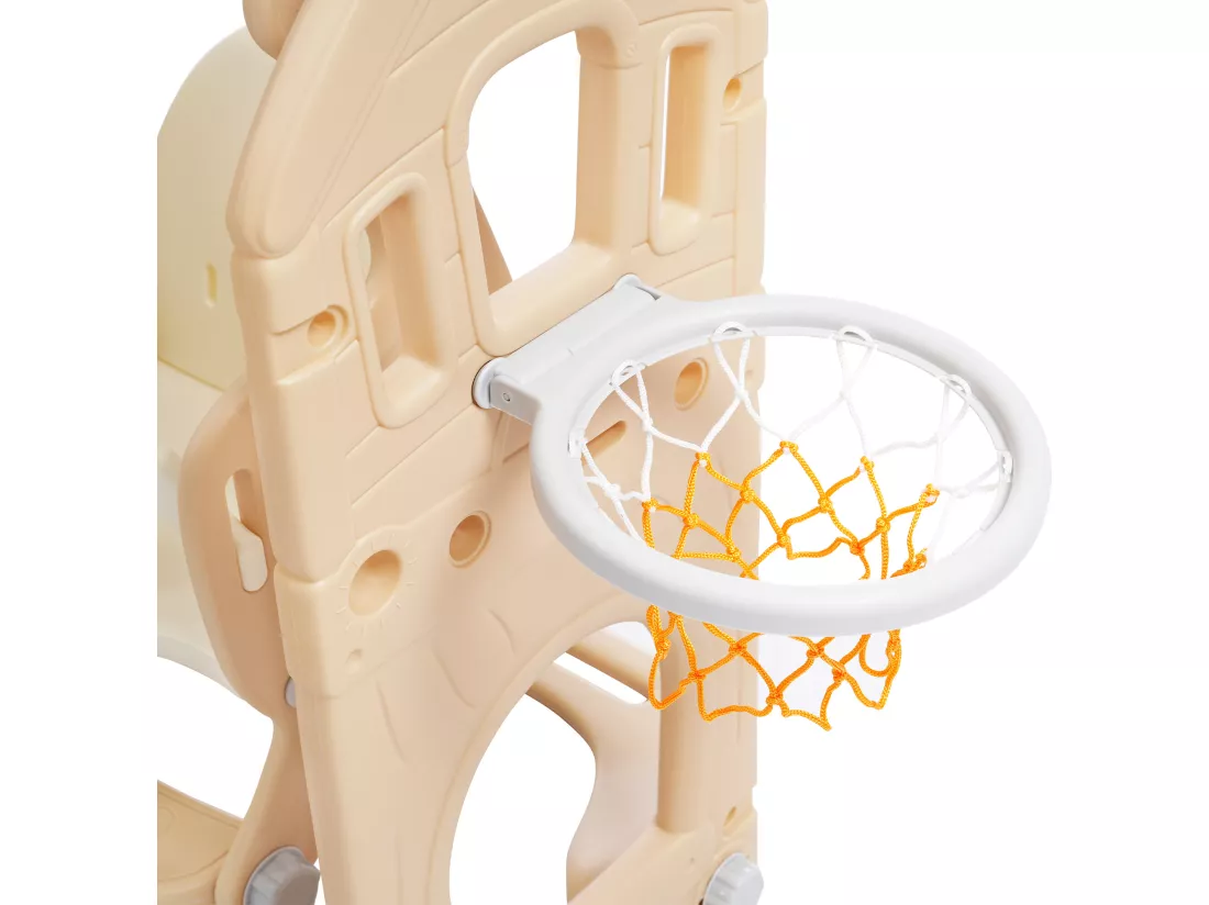 Toboggan 5 en 1 - avec escalier, balançoire, espace de rangement, panier de basket - jaune clair