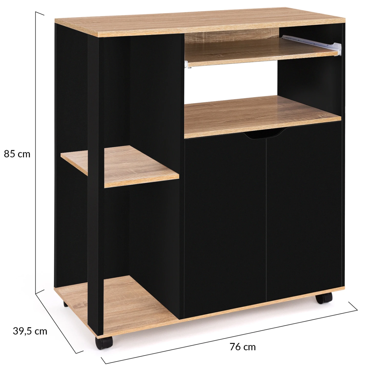 Desserte de cuisine COSI bois noir et plateaux façon hêtre L.76 CM