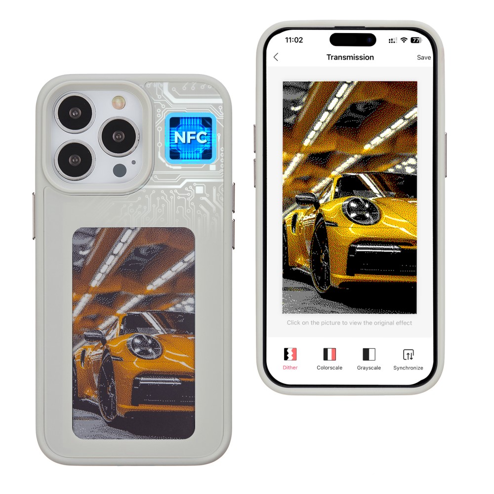 iPhone 15 Pro Max Hybrid Hülle TPU Bumper mit Acryl Rückseite   DIY E-Ink Display mit NFC Technologie - Grau
