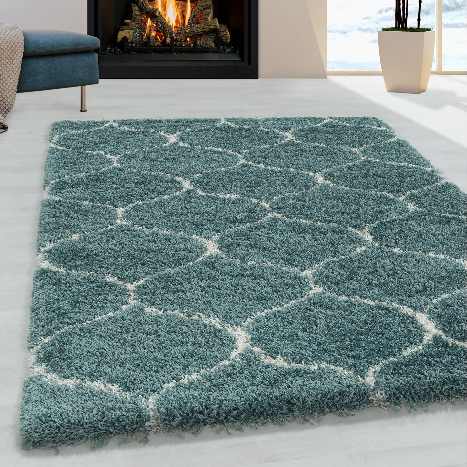Stilvoller Designer Hochflor Teppich, Skandinavisches Flair, Flauschiger Teppich