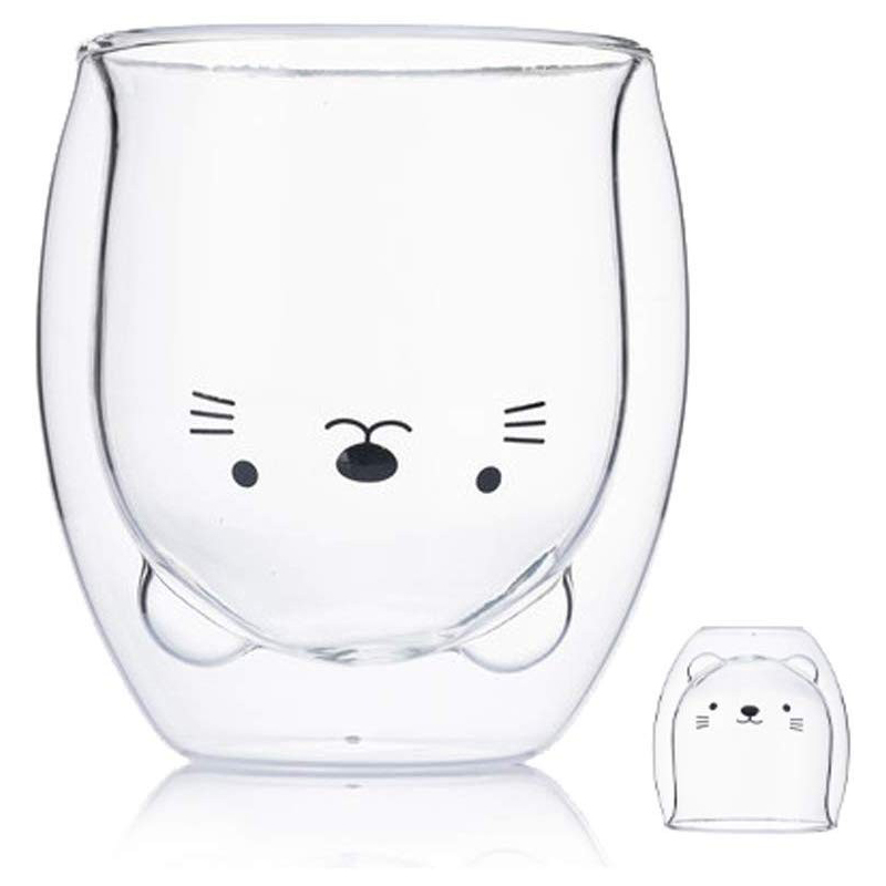 (250ml) Doppelwandiges Cappuccino Glas Kaffee Cup Tee Tasse - Katze