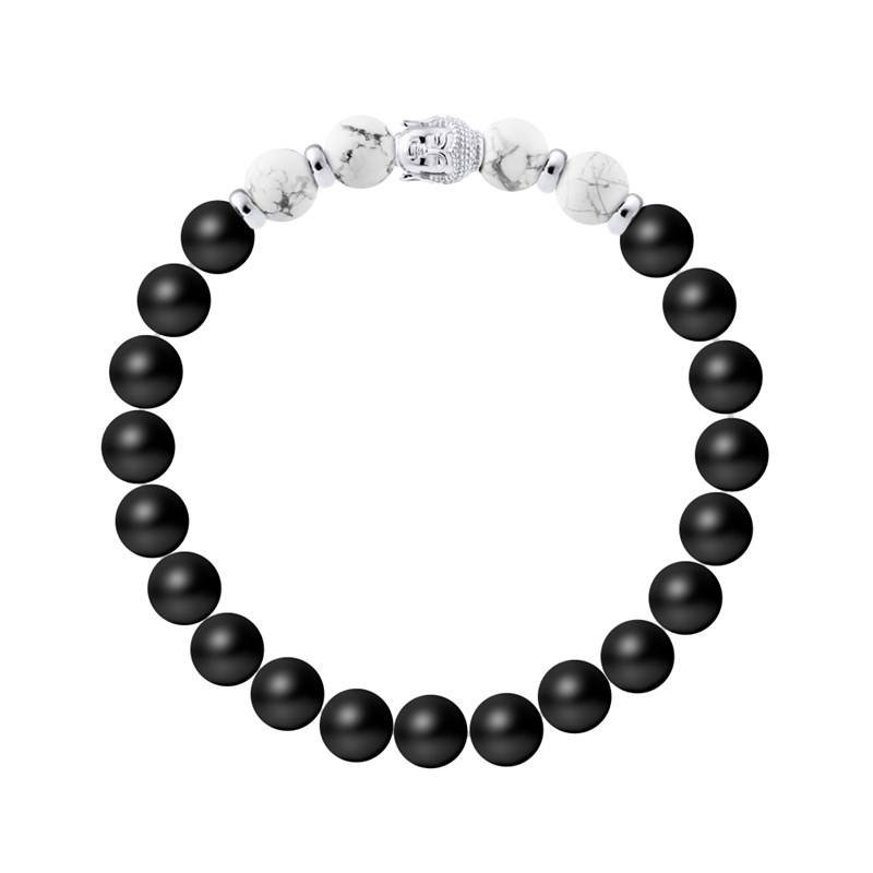 Bracelet BUDDAH Howlite Blanche Véritable - Agate Noire Matte en Argent 925