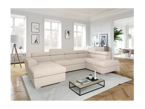 Canapé panoramique 6 places Paola convertible avec 2 coffres en velours côtelé - Beige - L320,5 x P188 x H76cm - Loungitude