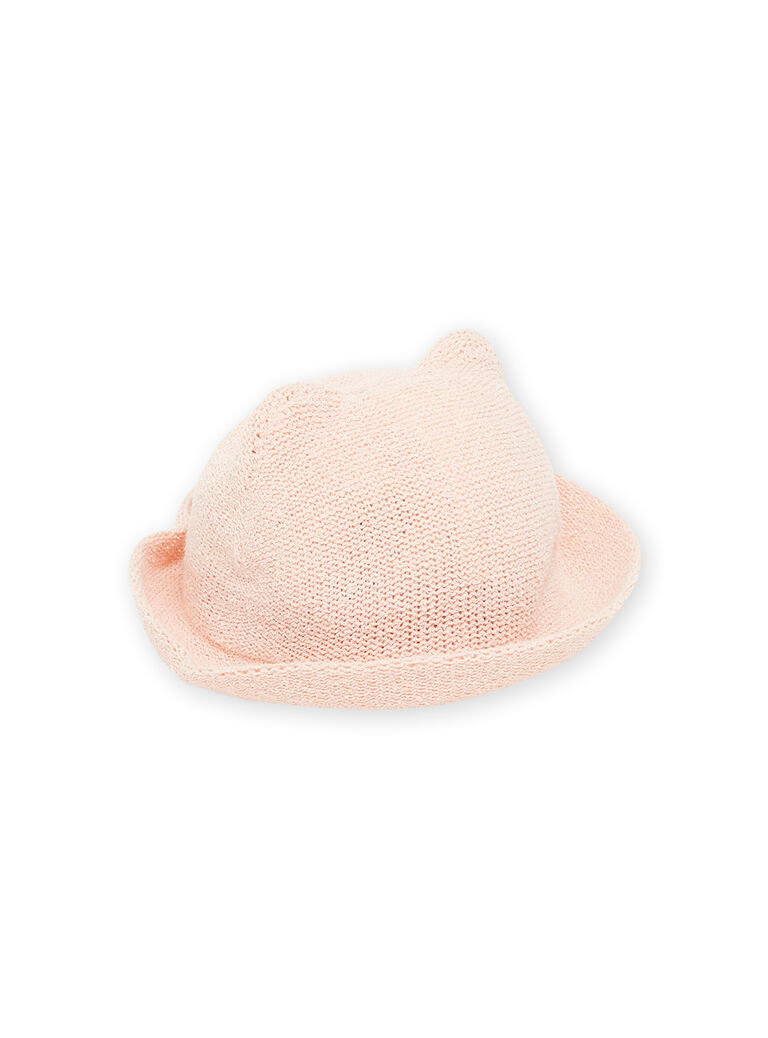 Chapeau de paille rose dragée à motif tête de chat