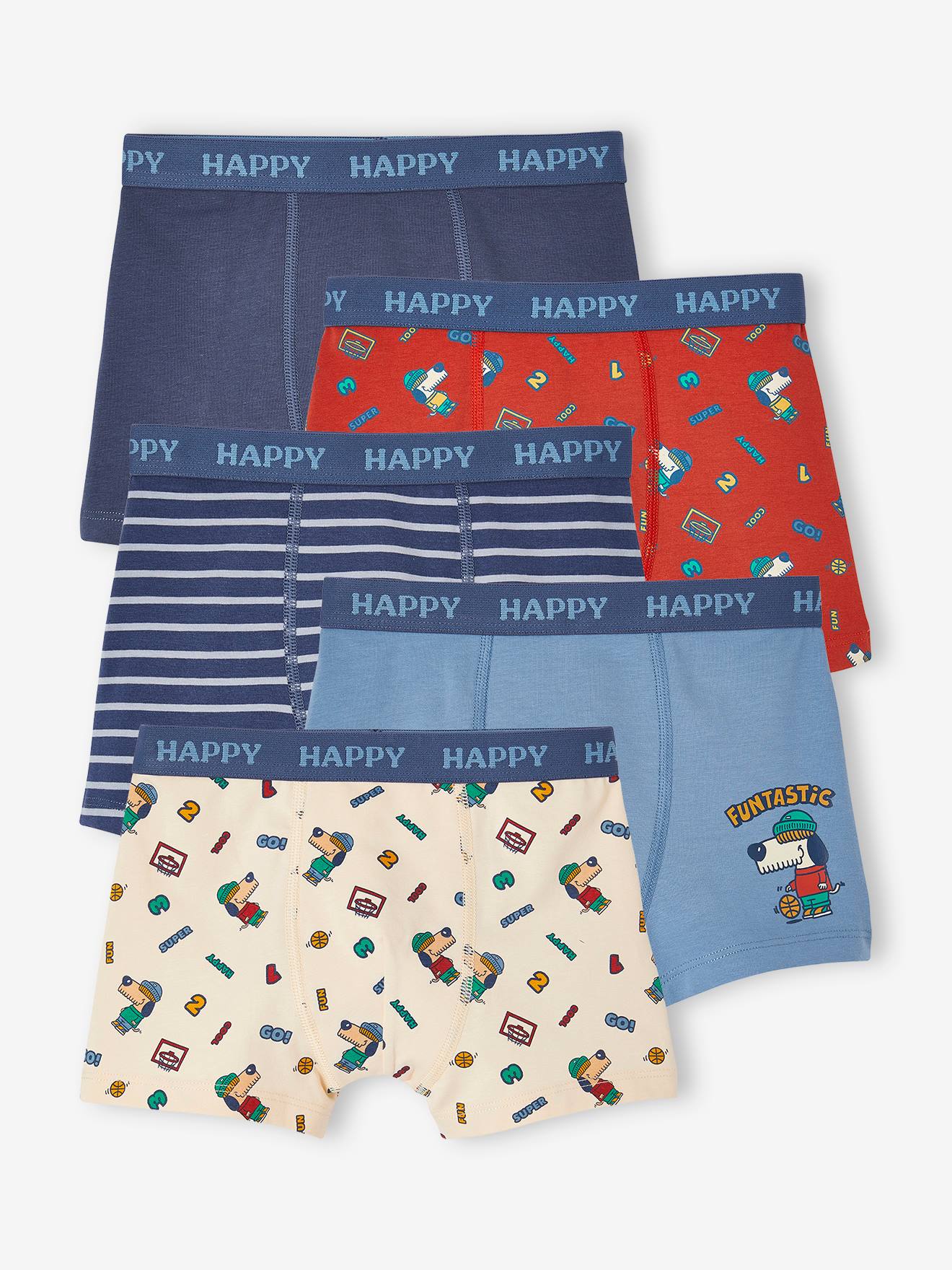 Pacote com 5 cuecas boxer elásticas com estampa de cachorro para meninos, azul-acinzentado.