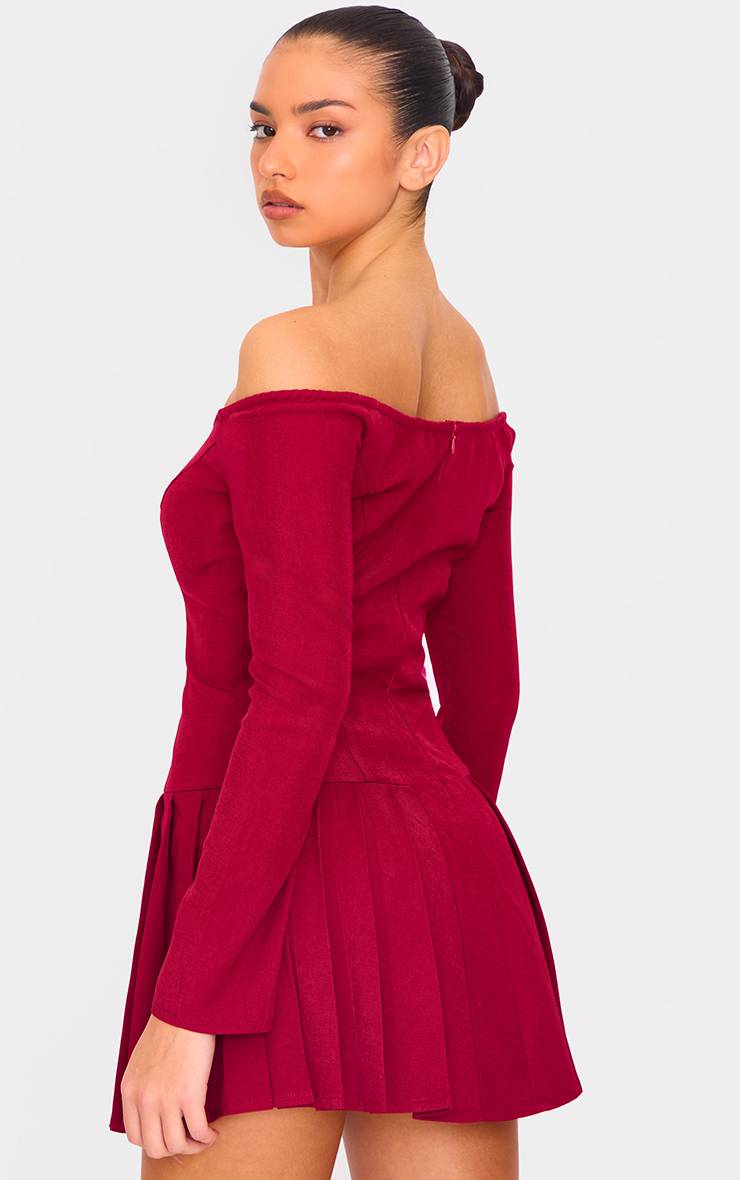 Rouge Bordeaux Robe Droite Tissée À Épaules Dénudées Et Manches Longues