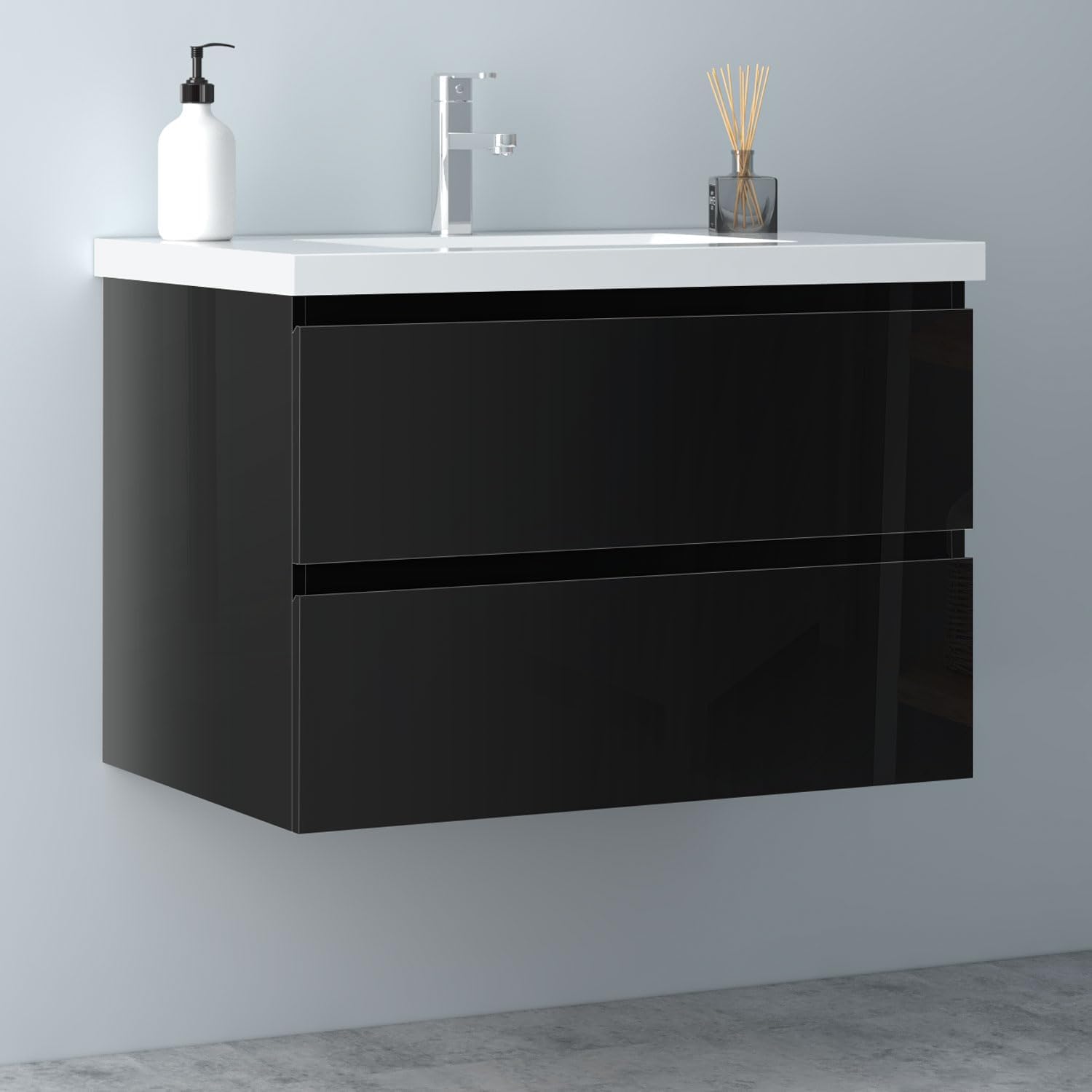 Badezimmermöbel 80cm Mineralguss Waschtisch mit Unterschrank Badmöbel Set Badezimmerschränke mit 2 Soft-Close Schubladen Hochglanz Schwarz