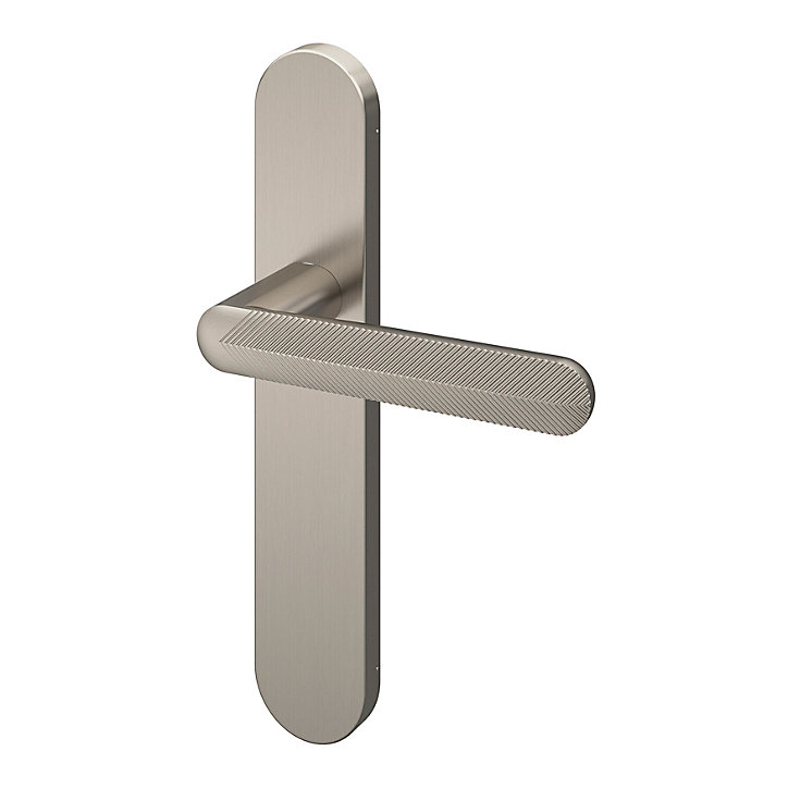 Ensemble poignée sur plaque rond GoodHome Garlan effet nickel satin gris L.125mm x l.42mm entraxe 165-195mm