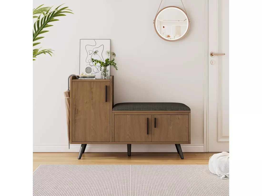 Banc à chaussures moderne avec 3 portes et coussin - pièds et poignées en métal - coloris naturel - 100 x 34 x 69 cm