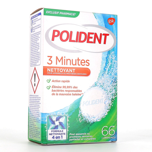 Nettoyant 3 minutes Polident - Boîte de 66 comprimés
