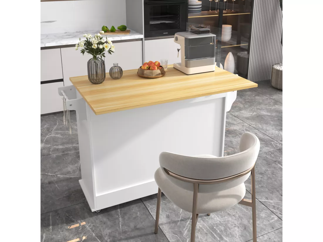 Ilot central de cuisine mobile avec 2 portes coulissantes - plateau extensible - 112x40(70)x94 cm - Bois MDF + métal - Blanc et bois