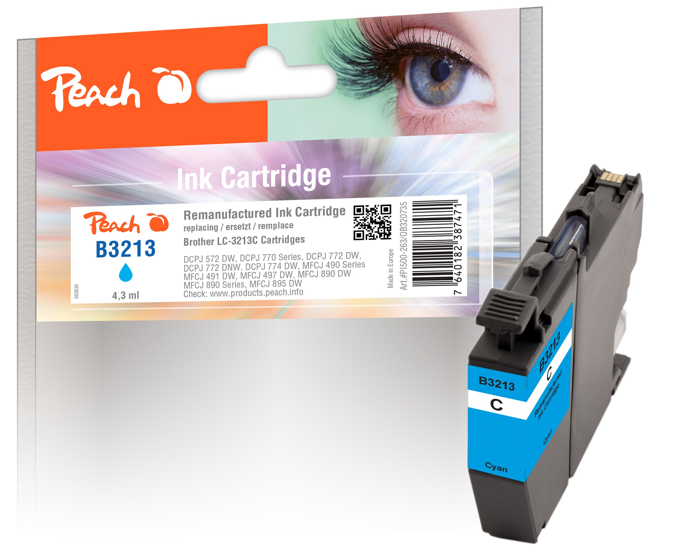 Peach B3213 C Druckerpatrone XL cy ersetzt Brother LC-3213C für z.B. Brother DCPJ 572 DW, Brother DCPJ 774 DW, Brother MFCJ 895 DW, Brother DCPJ 770 (wiederaufbereitet)