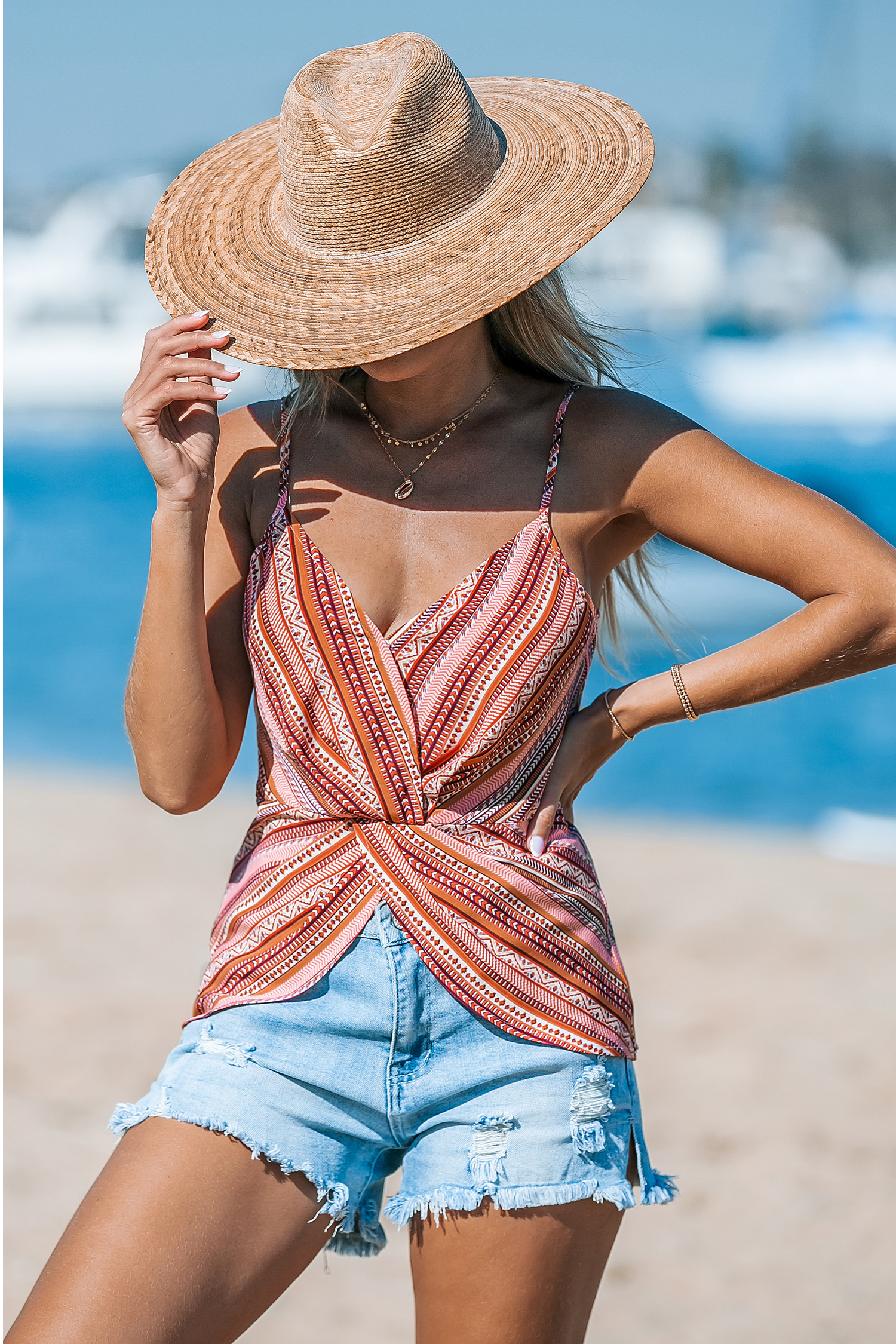 Débardeur torsadé à rayures boho rose