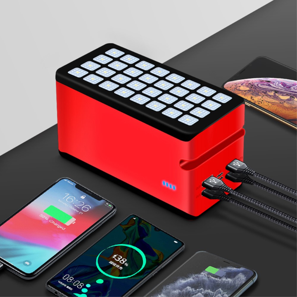 100000mAh 4x USB A Powerbank Outdoor Solar Taschen Lampe mit 32 LED's - Rot / Schwarz