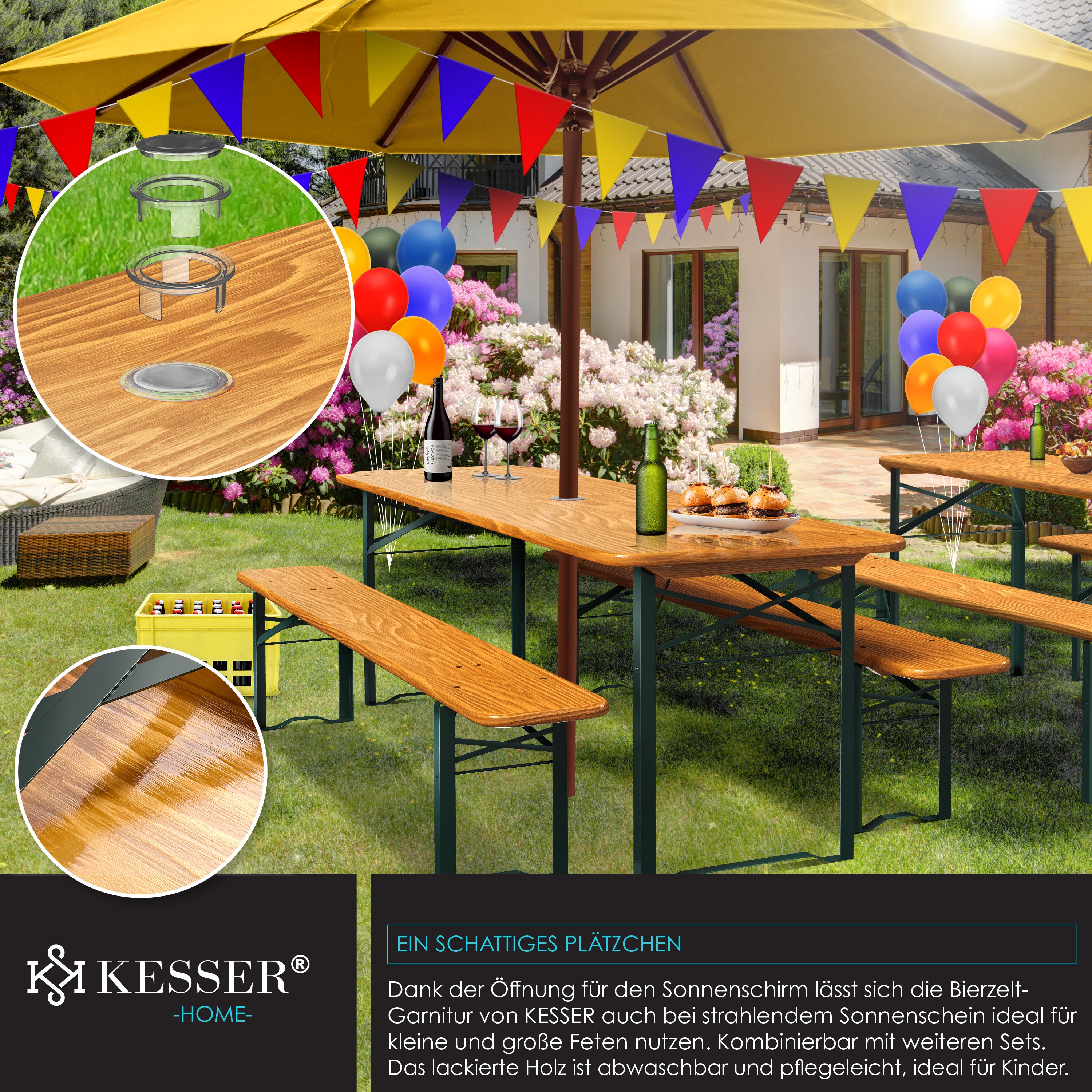 KESSER® Bierzeltgarnitur 3 teilig Gartenmöbel-Set | Klappbar 170 x 46 x 75cm | 2X Bierbänke 1x Biertisch | Festzeltgarnitur Biertisch Stehtisch Sitzgarnitur Holz 12-teiliges Bodenschoner-Set