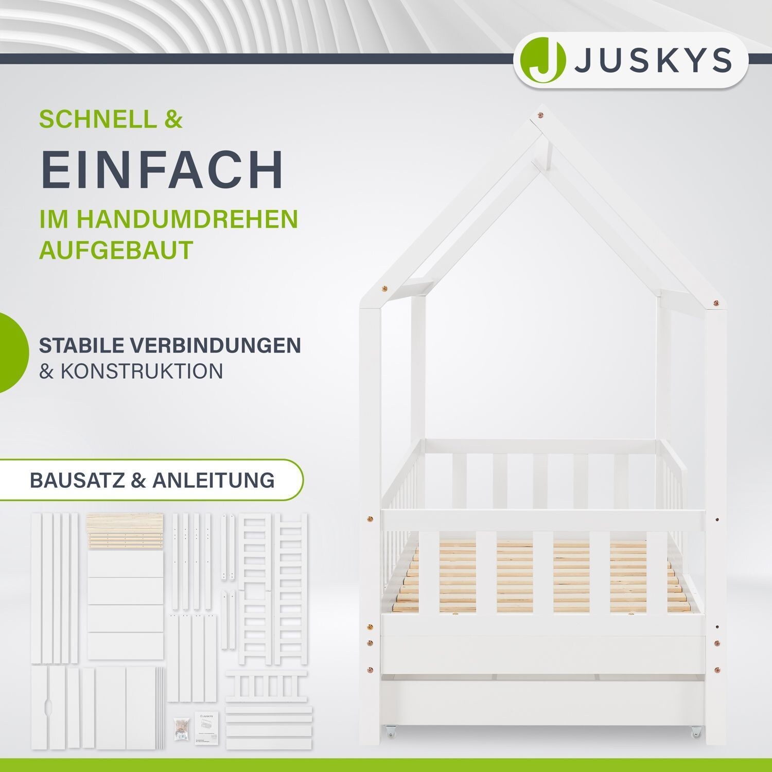 Juskys Kinderbett Marli 90 x 200 cm mit Matratze, Bettkasten, Gitter, Lattenrost & Dach - Bett Weiß