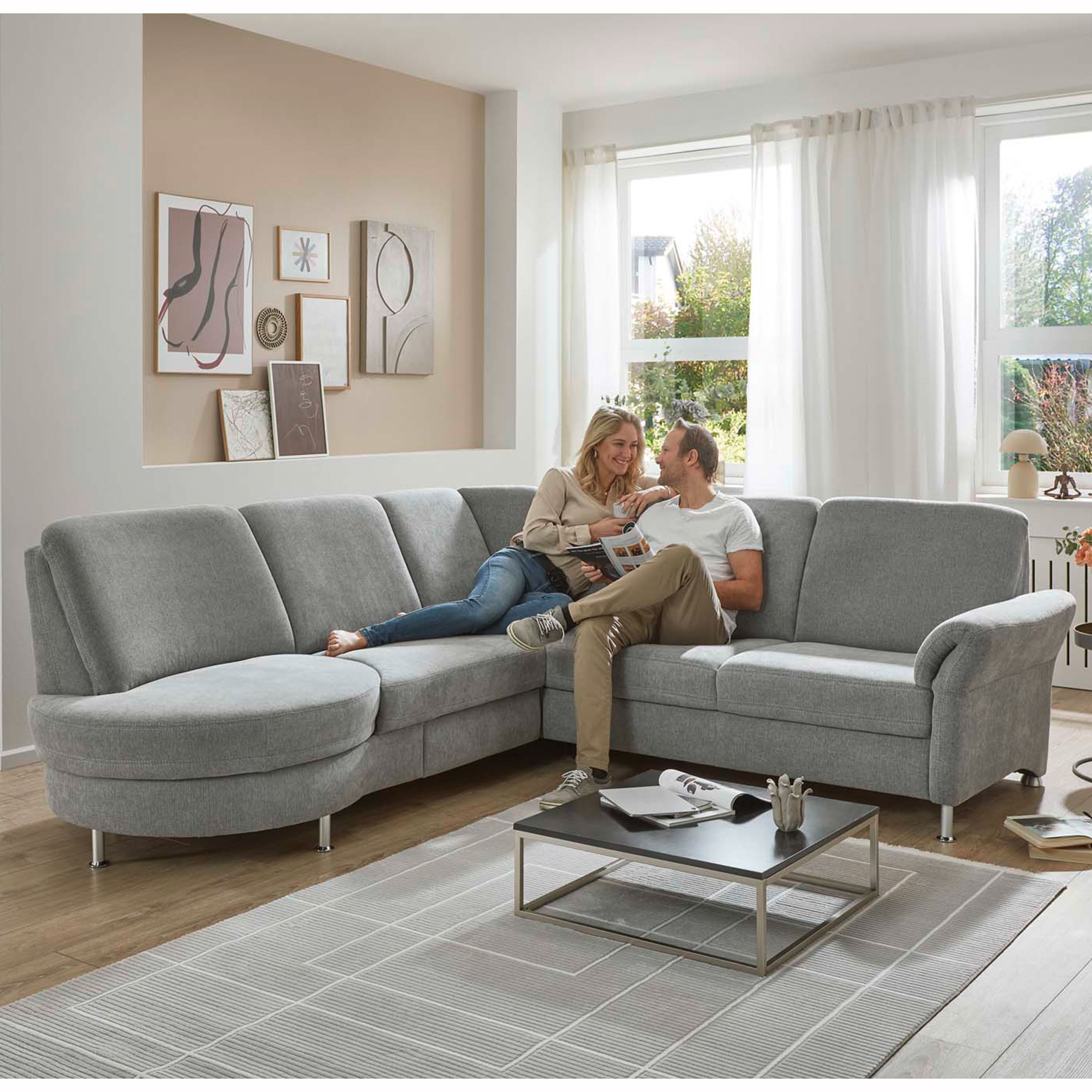 polsterpower Ecksofa - silver - Basismodell - Rondellabschluss links