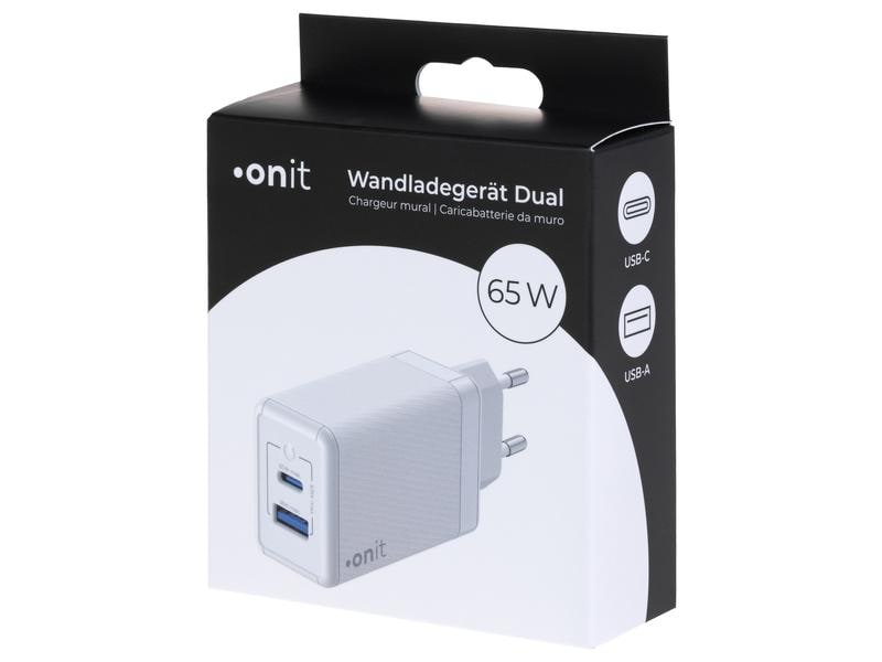 onit USB-Wandladegerät Dual QC4  65 W GaN Weiss Ladeadapter mit einem USB-C- und einem USB-A-Port
