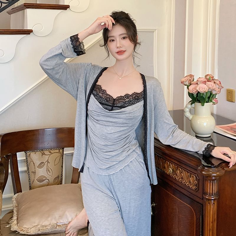 Borneben - Pyjamaset: V-hals kanten paneel gerimpelde crop top + jas + broek