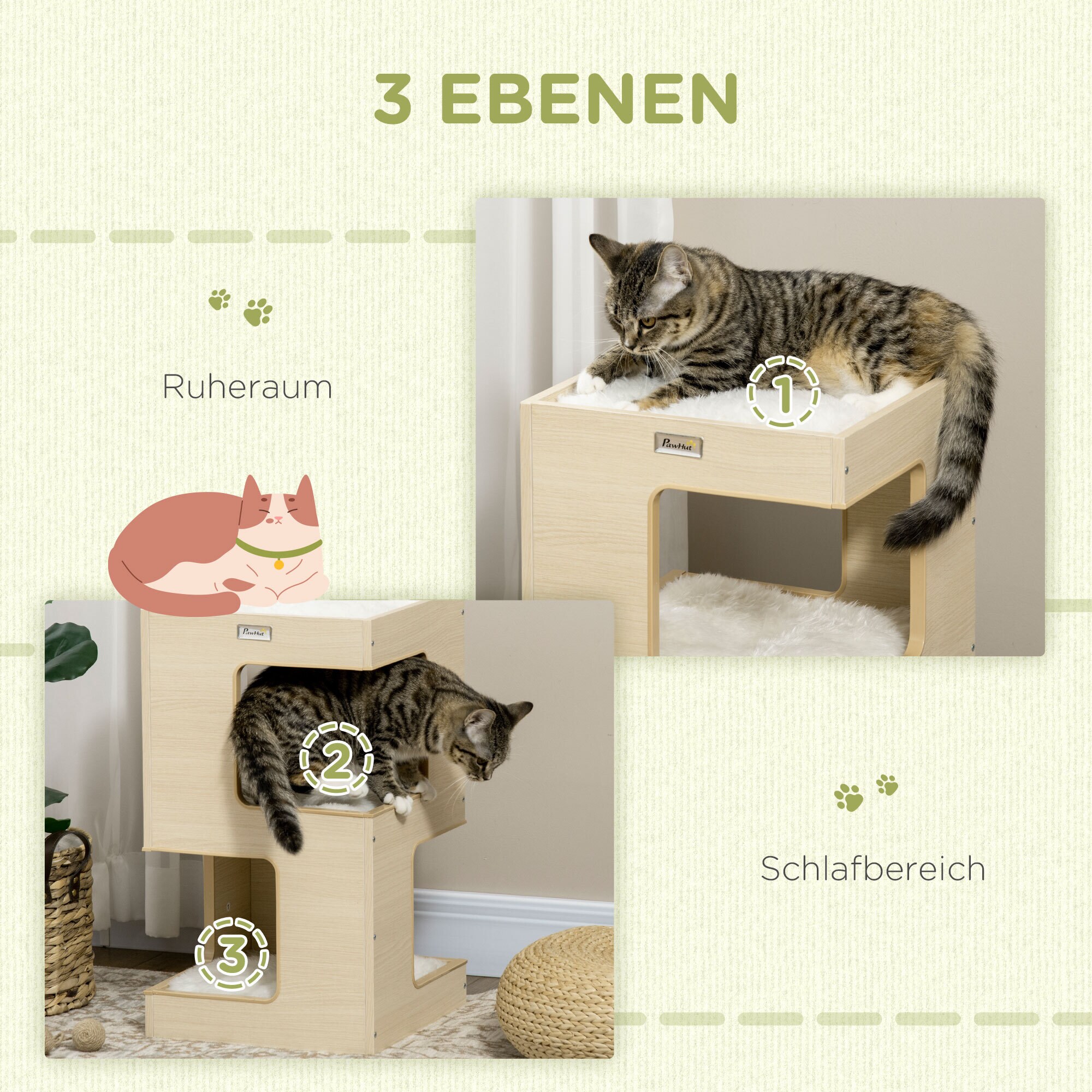PawHut Katzenhaus mit Kissen natur 34L x 34B x 60H cm